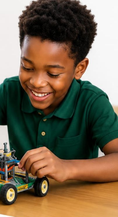 A boy smiling while building a small robotics kit