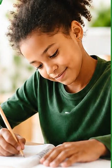 A student smiling while writing in her notebook