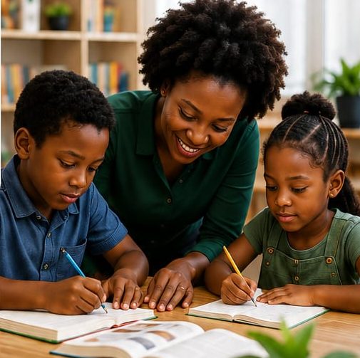 A parent helping two children with schoolwork at the table