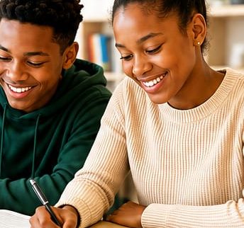 Two students smiling while studying together at La Casa Rainbow